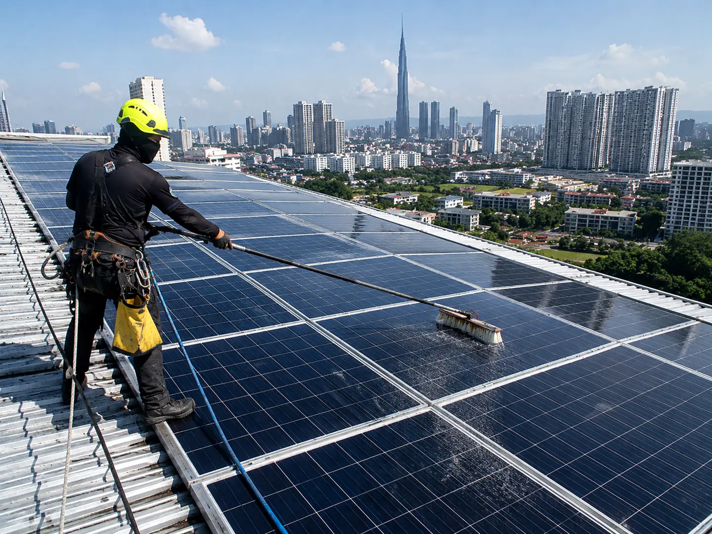 Technician cleaning commercial rooftop solar panels